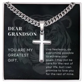 To Grandson, You are my Greatest Gift, From Grandparents, Encouragement Stainless Steel Cross Pendant Cuban Chain Necklace