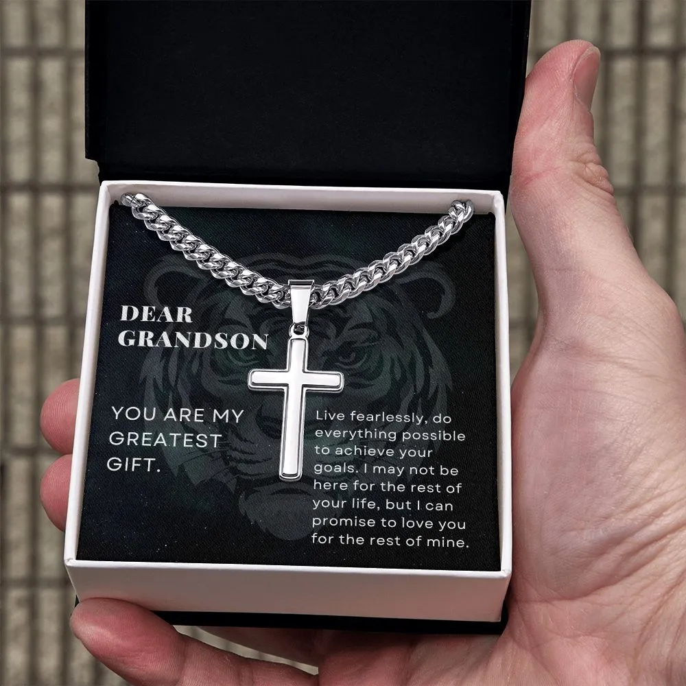 To Grandson, You are my Greatest Gift, From Grandparents, Encouragement Stainless Steel Cross Pendant Cuban Chain Necklace