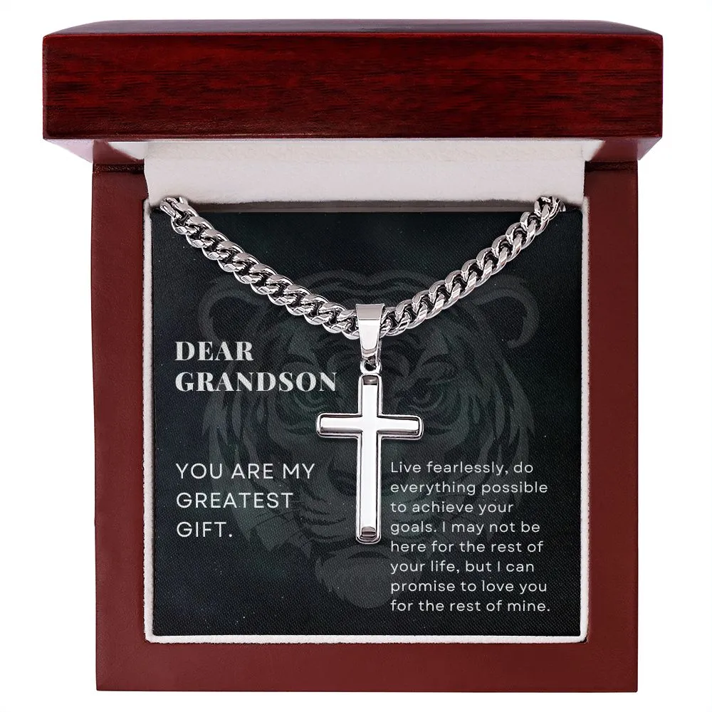 To Grandson, You are my Greatest Gift, From Grandparents, Encouragement Stainless Steel Cross Pendant Cuban Chain Necklace