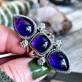 Triple Stone Purple Amethyst Ring in Solid Sterling Silver- Designed by FOXLARK Collection Size 5 6 7 8 9 10 11 / Gothic Jewelry