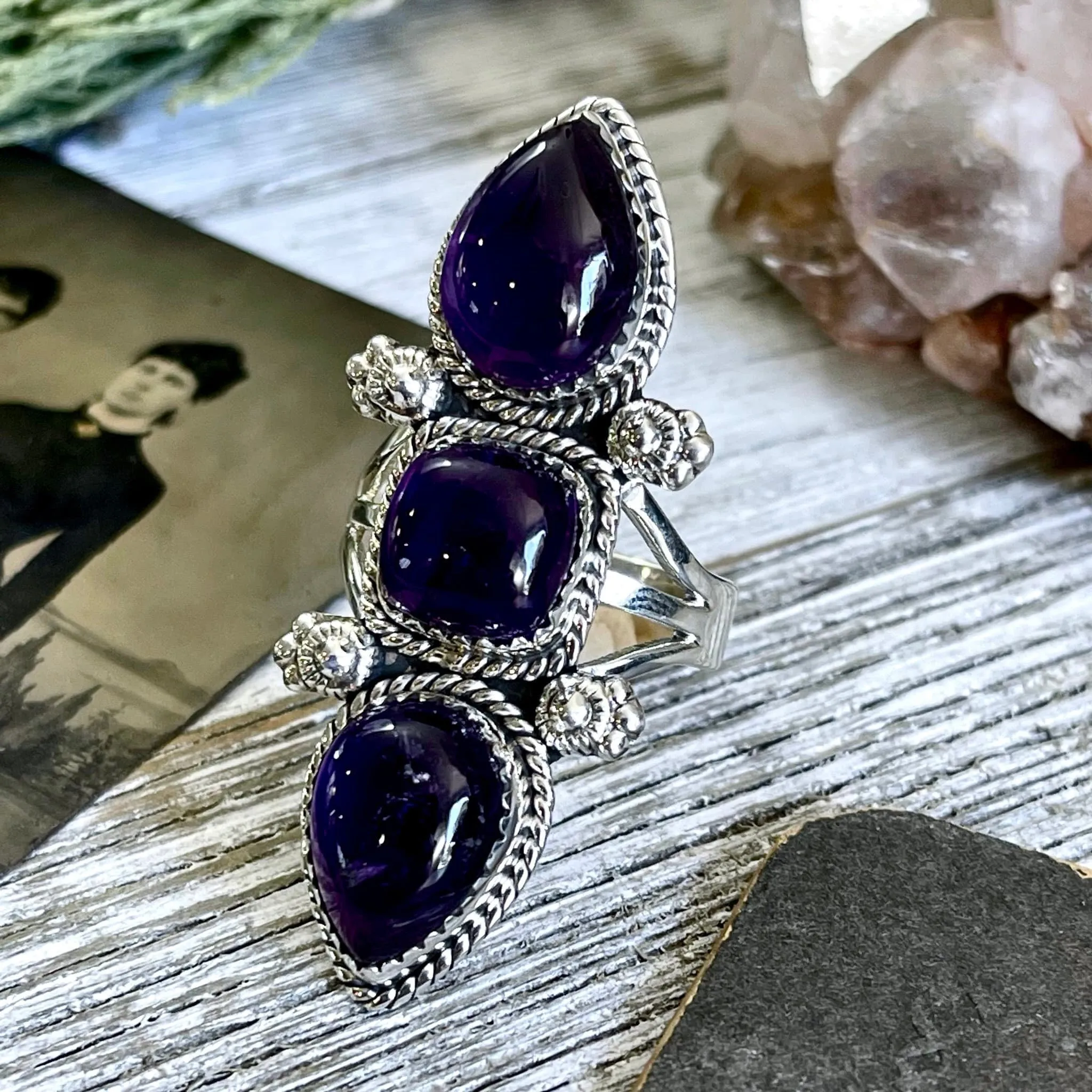 Triple Stone Purple Amethyst Ring in Solid Sterling Silver- Designed by FOXLARK Collection Size 5 6 7 8 9 10 11 / Gothic Jewelry