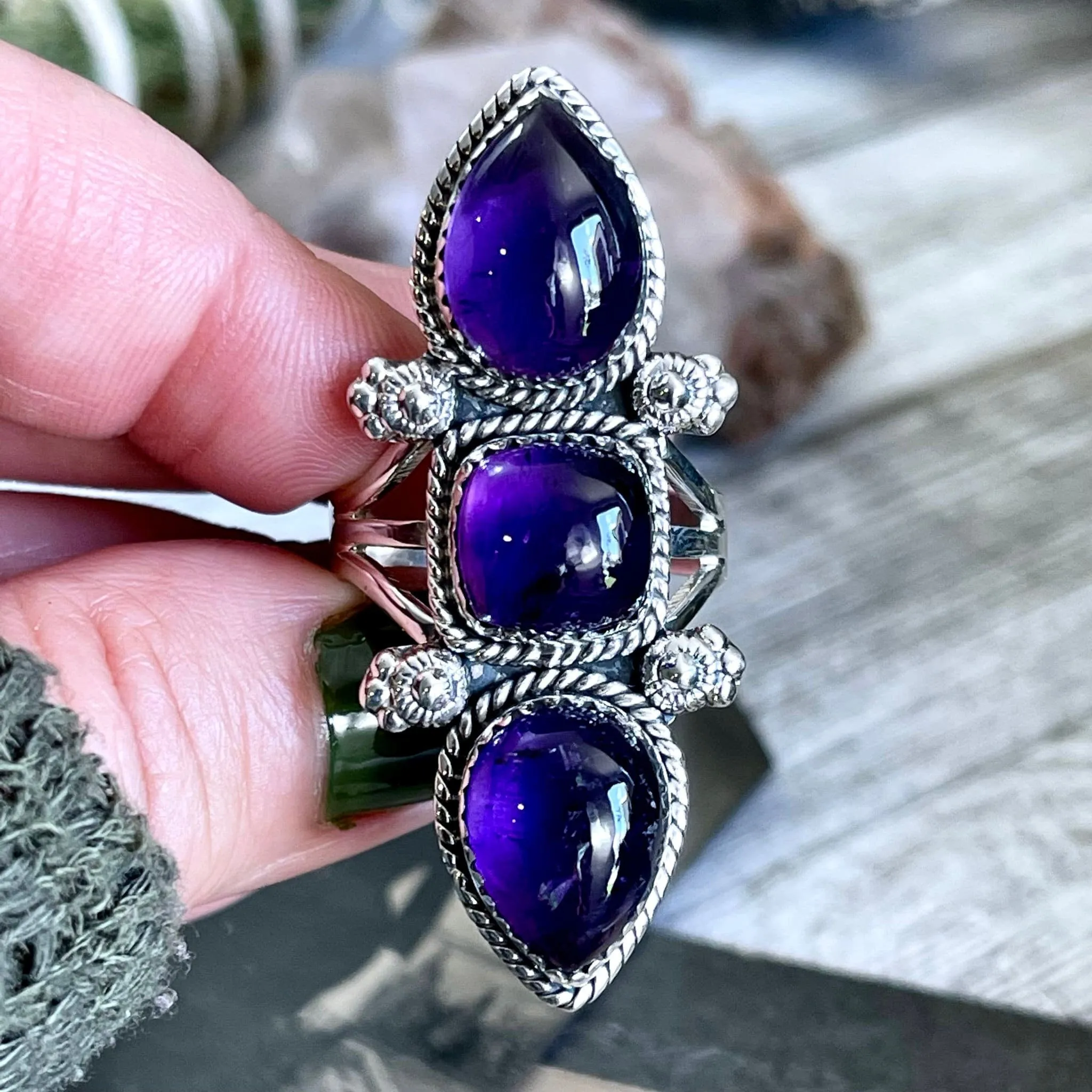 Triple Stone Purple Amethyst Ring in Solid Sterling Silver- Designed by FOXLARK Collection Size 5 6 7 8 9 10 11 / Gothic Jewelry