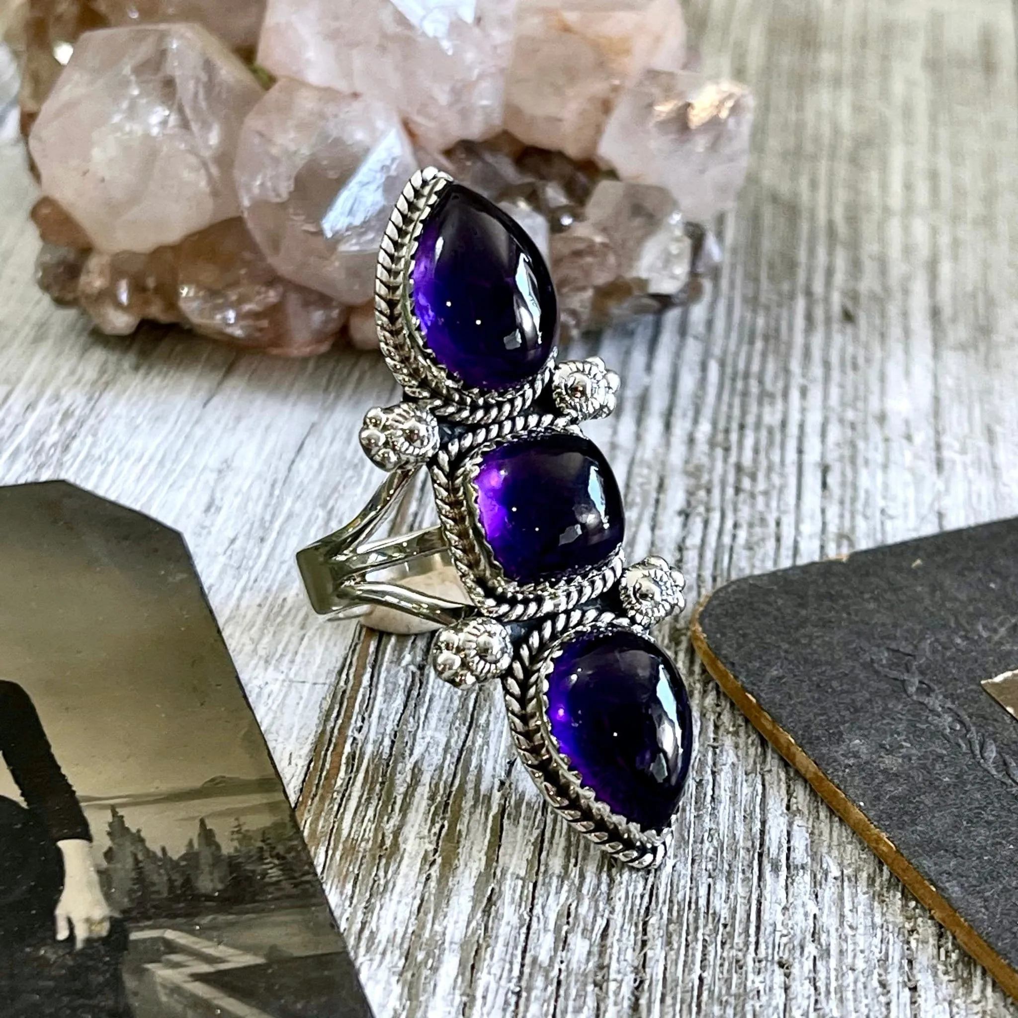 Triple Stone Purple Amethyst Ring in Solid Sterling Silver- Designed by FOXLARK Collection Size 5 6 7 8 9 10 11 / Gothic Jewelry