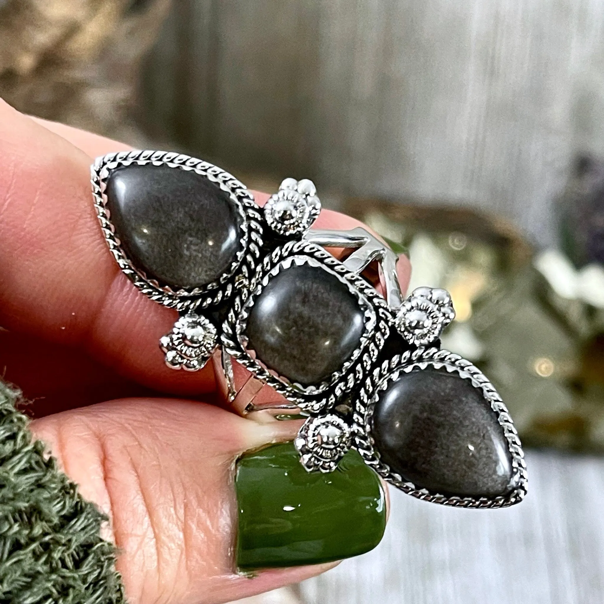 Triple Stone Silver Sheen Obsidian Ring in Solid Sterling Silver- Designed by FOXLARK Collection Size 5 6 7 8 9 10 11 / Gothic Jewelry