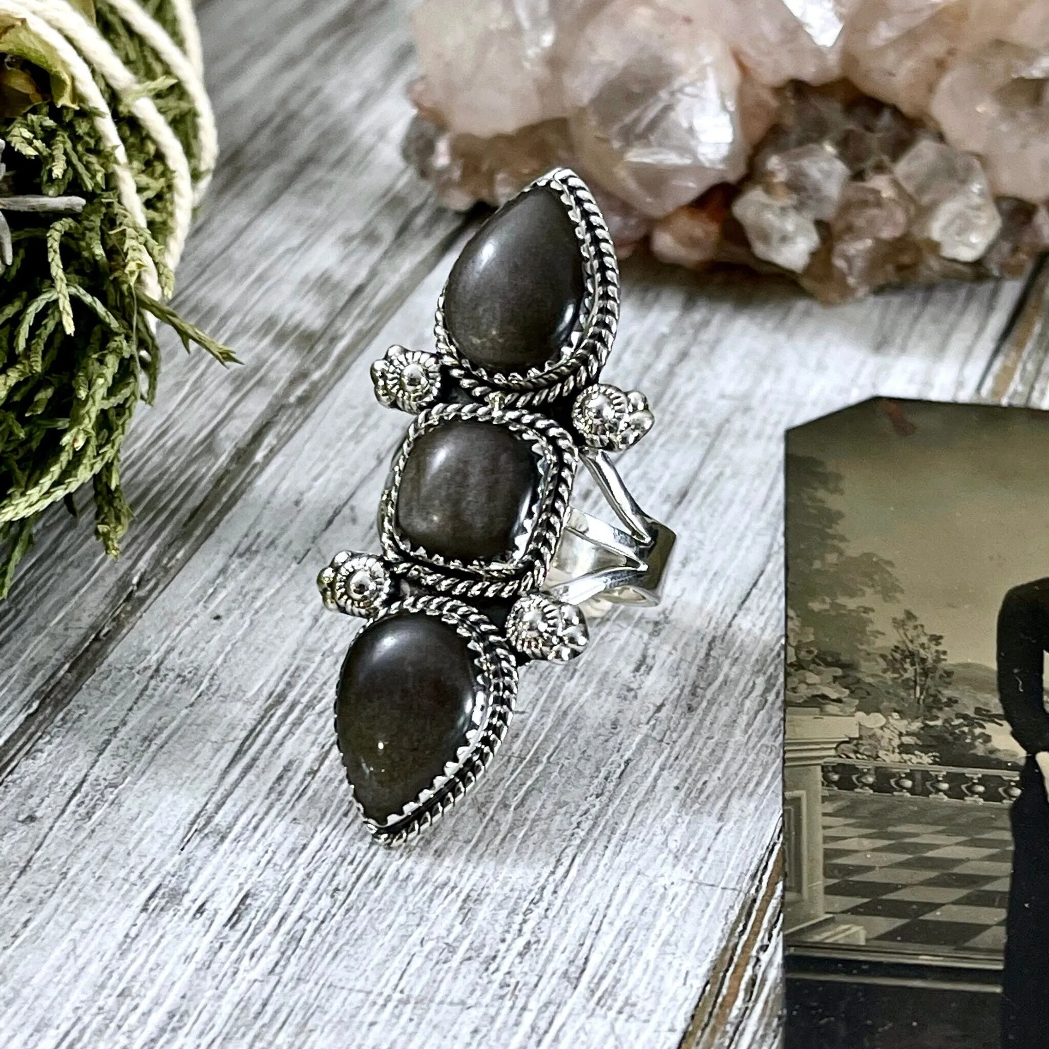 Triple Stone Silver Sheen Obsidian Ring in Solid Sterling Silver- Designed by FOXLARK Collection Size 5 6 7 8 9 10 11 / Gothic Jewelry