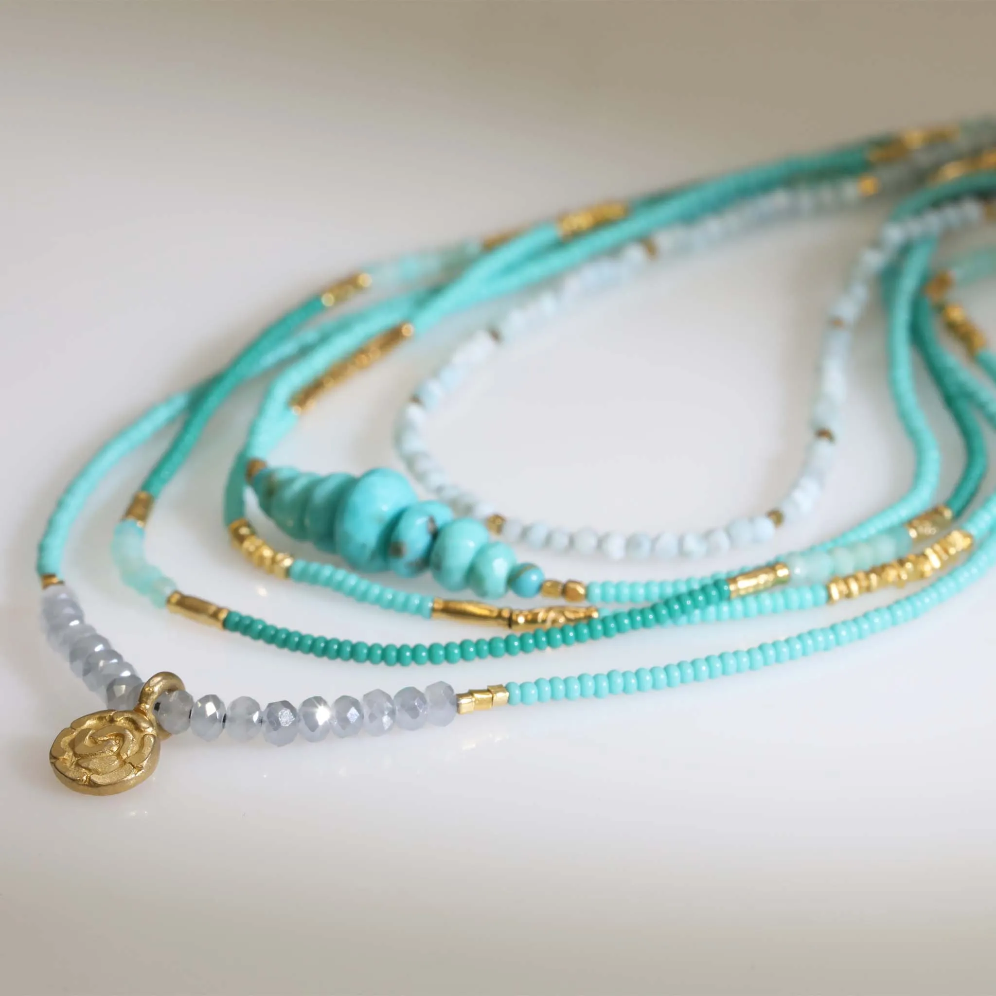 Turquoise Seed Bead Necklace with Flower Pendant